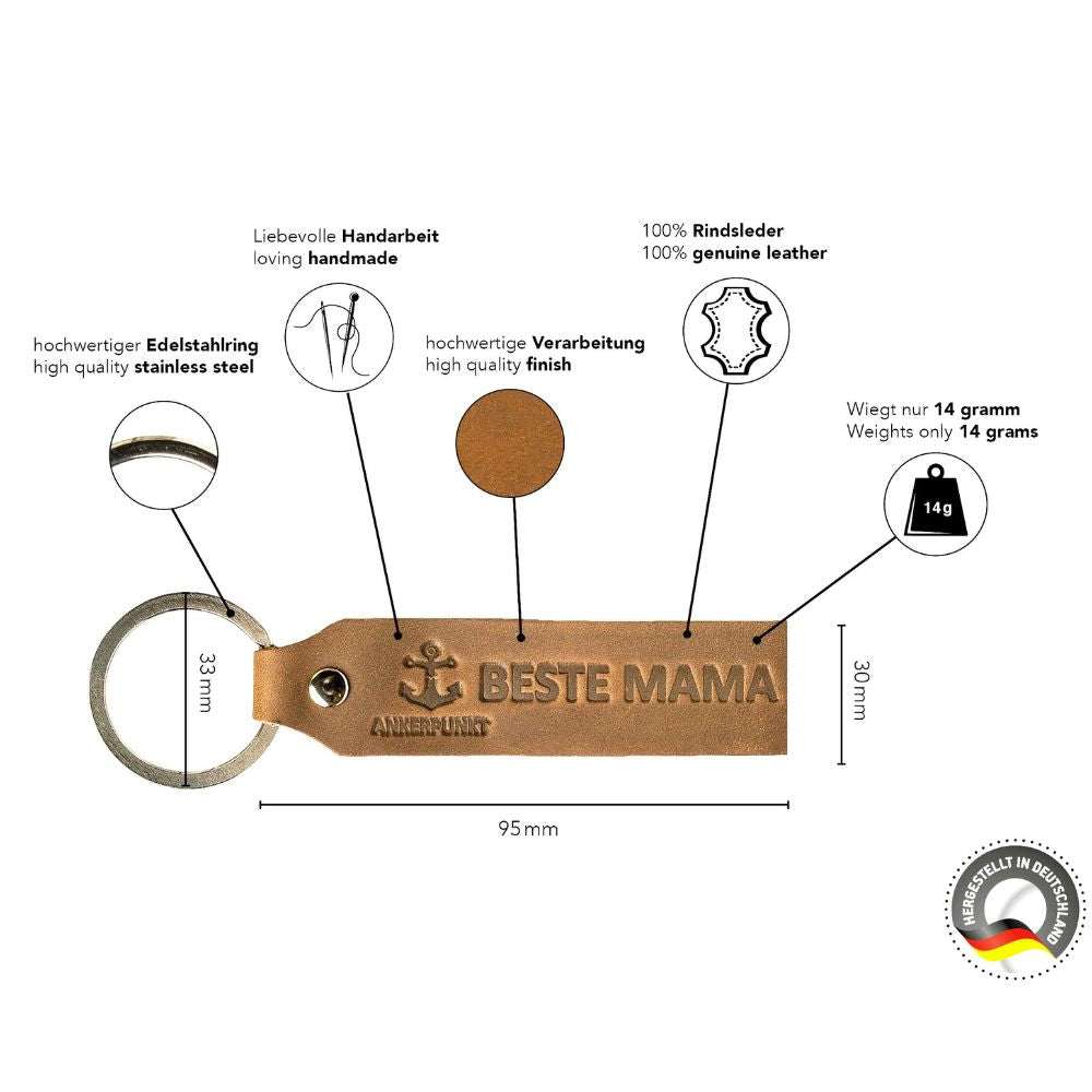 Dark brown leather keychain set "Beste Mama & Bester Papa", handmade in Germany with genuine leather, perfect gift for parents.