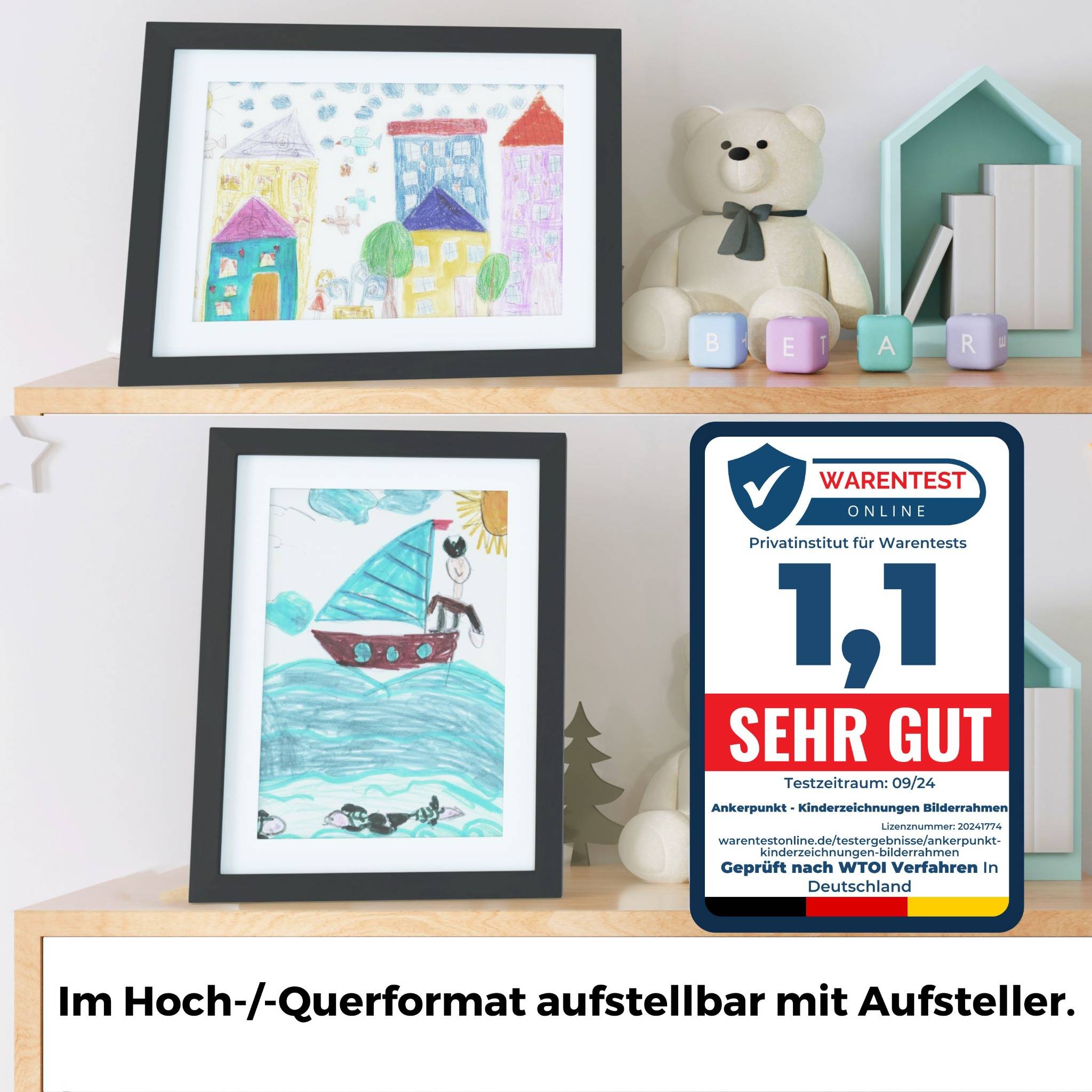 Im Querformat oder Hochkantformat aufstellbar mit Aufsteller