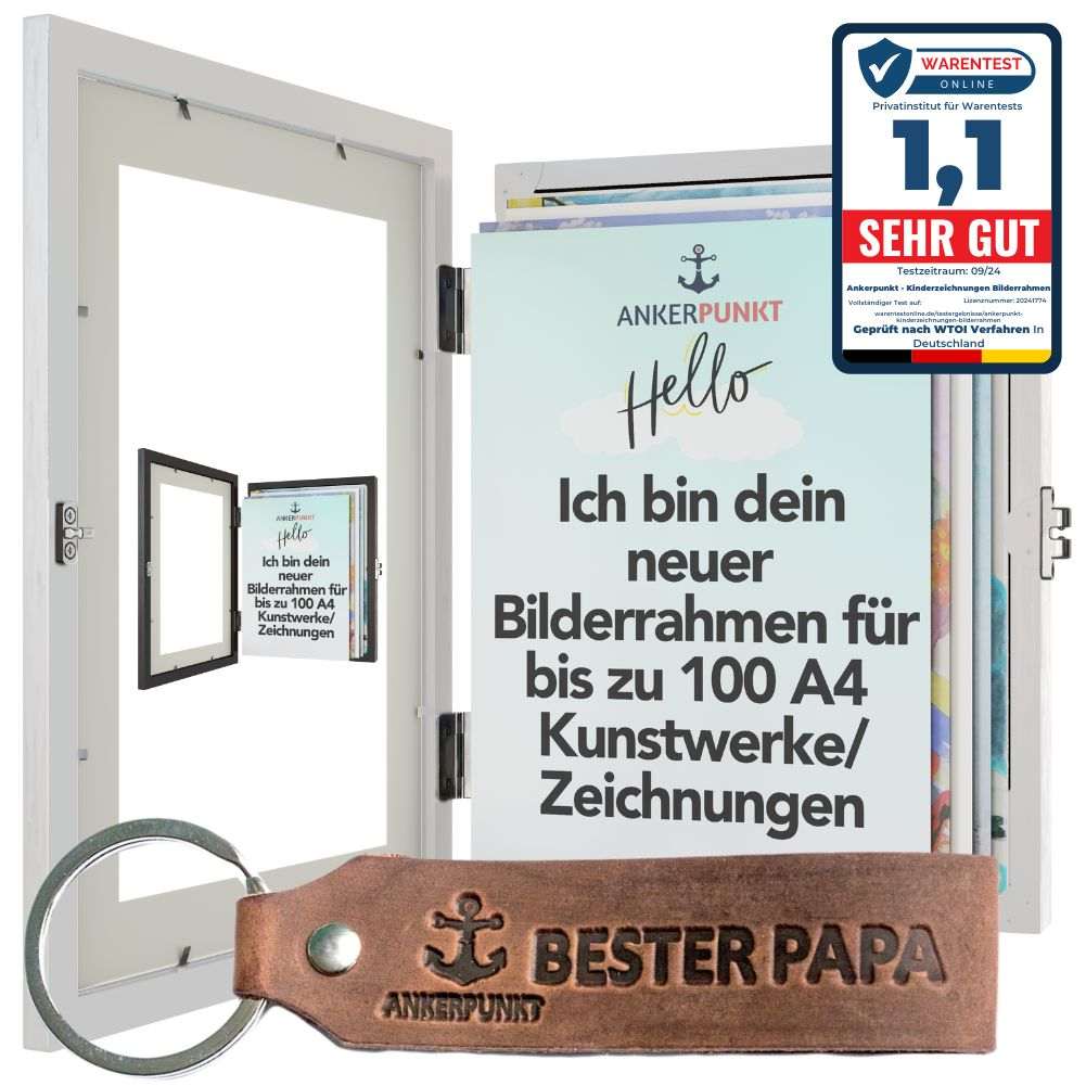 Bester Papa Bilderrahmen für Kinderzeichnungen A4, weiß, bis zu 100 Kunstwerke, Geschenk für Papa.