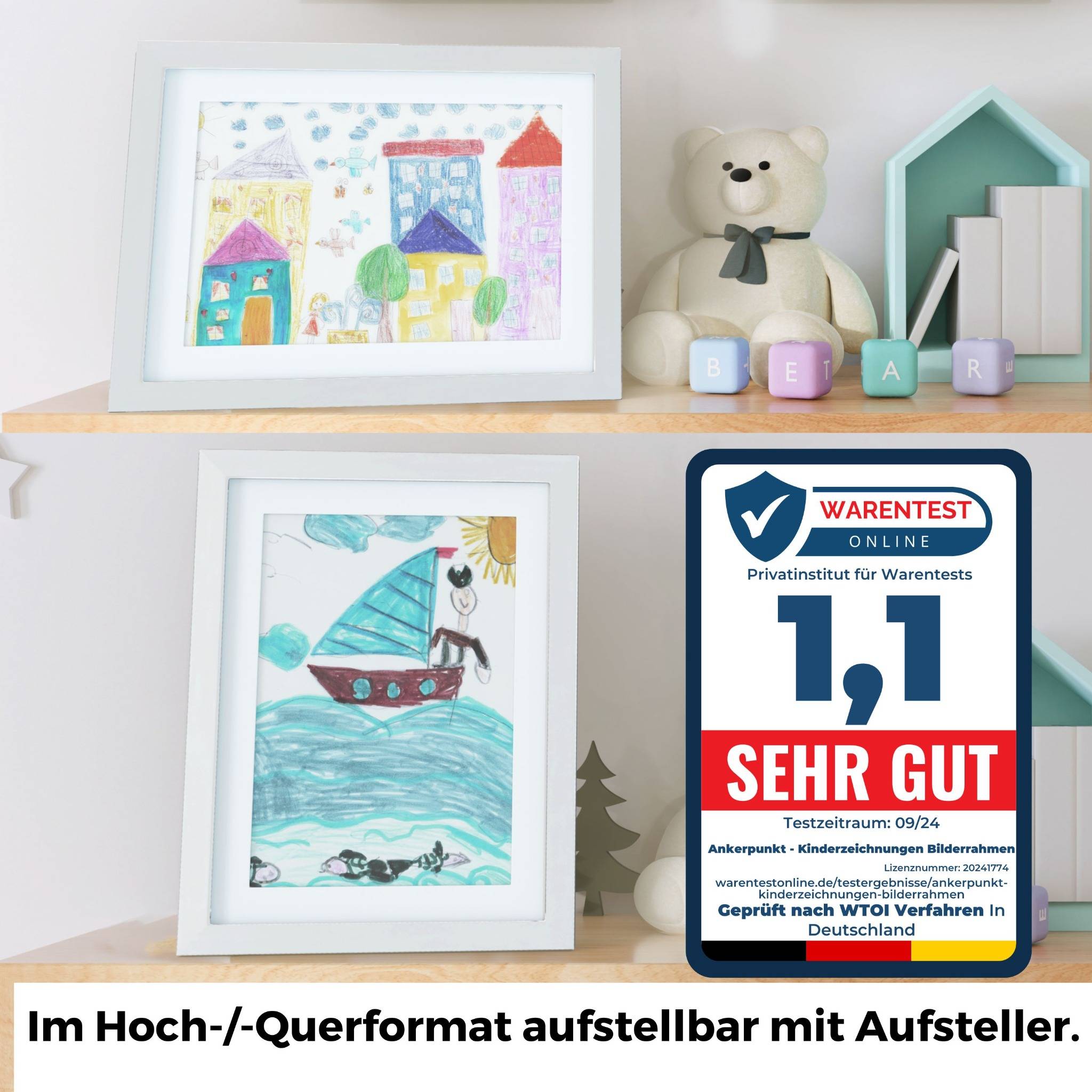 Im Querformat oder Hochkantformat aufstellbar mit Aufsteller