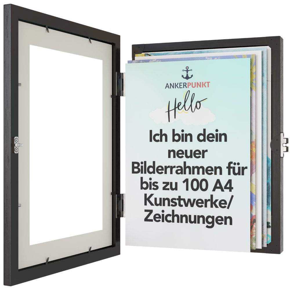 A4 black picture frame for children's artwork, holds up to 100 drawings.
