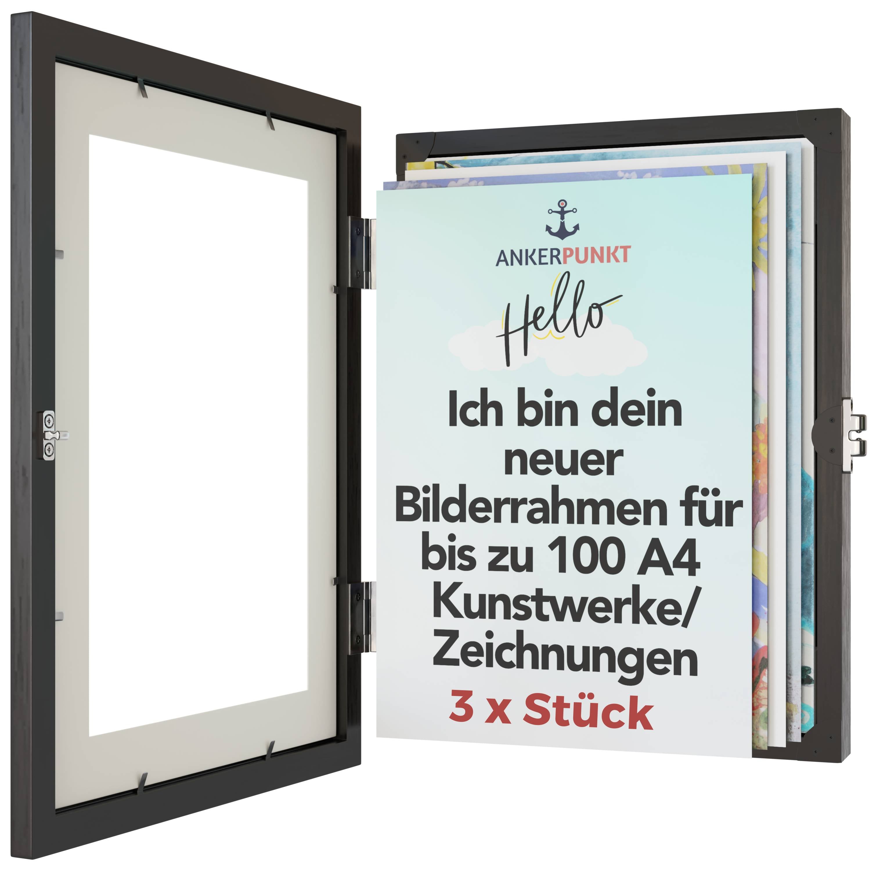 Bilderrahmen für Kinderzeichnungen A4 für bis zu 100 Kunstwerke, Zeichnungen schwarz