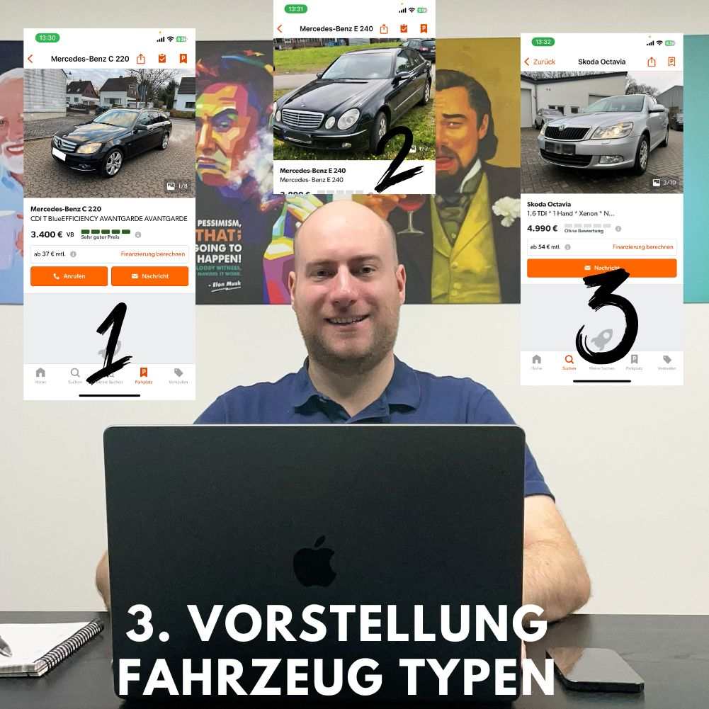 Person sitting at a desk presenting three car options for auto consultation service.