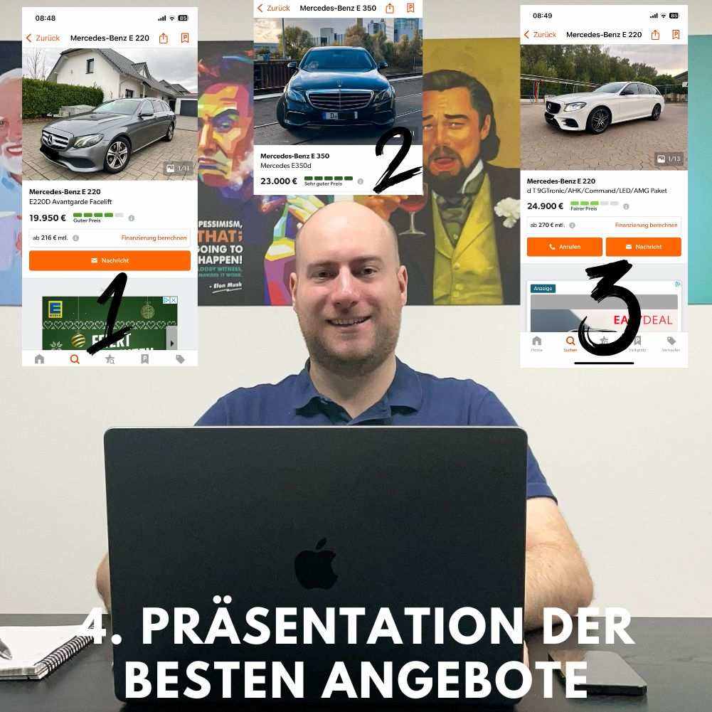 Auto Kaufberatung service presentation with expert at laptop and top car offers highlighted.