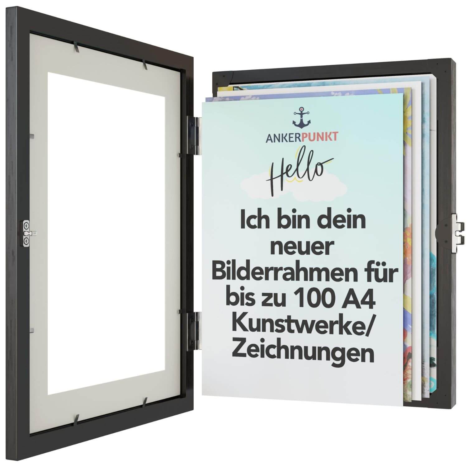 Aufgeklappter schwarzer Bilderrahmen mit mehreren hintereinander gestapelten Bildern, auf dem ersten Blatt ist eine Grußformel zu lesen