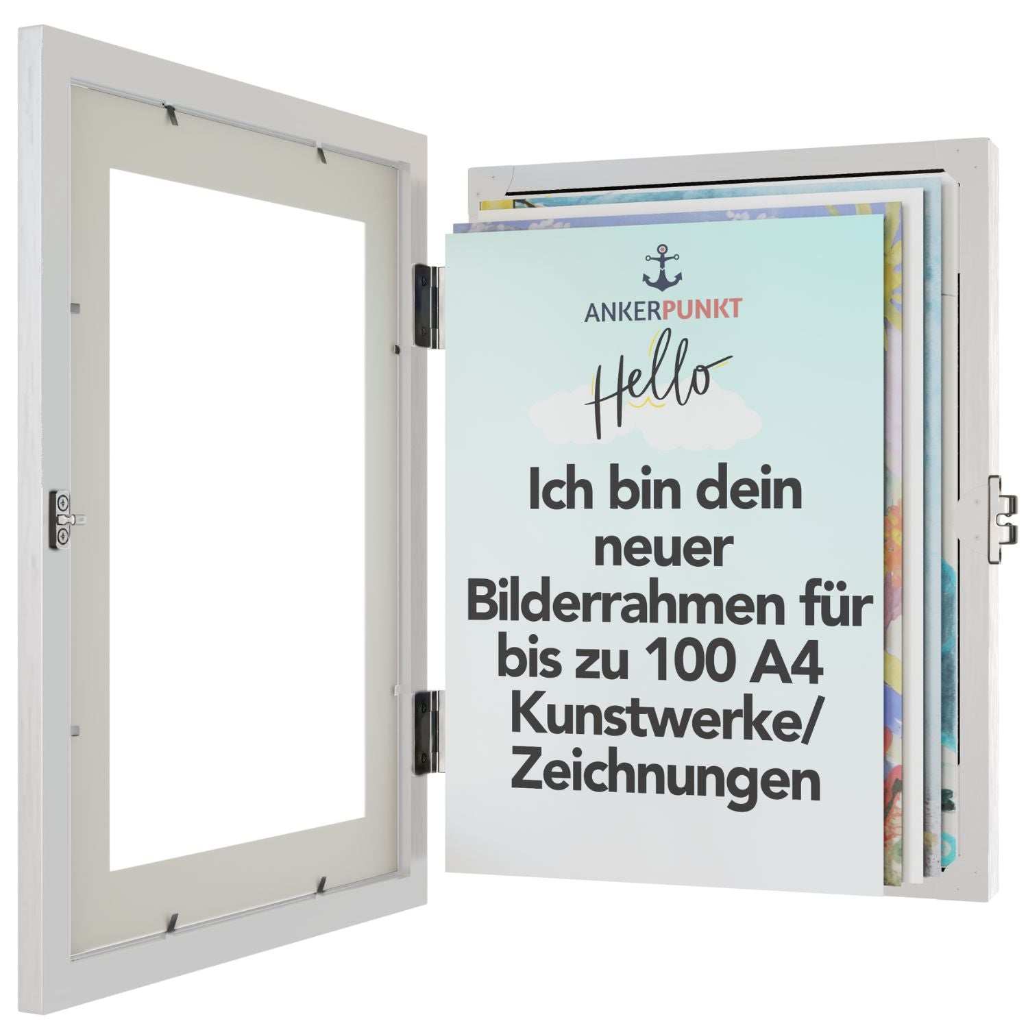 Bilderrahmen für Kinderzeichnungen A4, weiß, bis zu 100 Kunstwerke, Ankerpunkt, Handgefertigt, Geschenkidee.