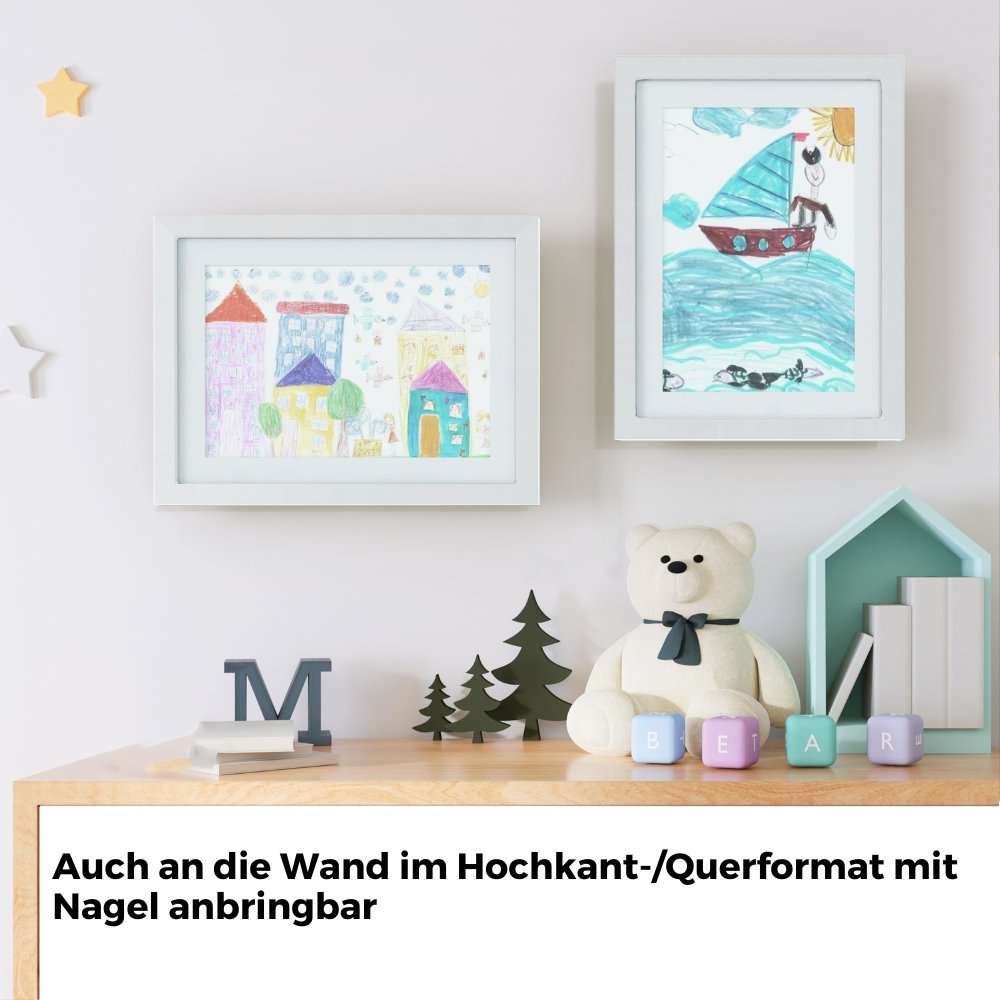 Bilderrahmen für Kinderzeichnungen A4 auf an die Wand im Quer und Hochkant Format mit Nagel anbringbar