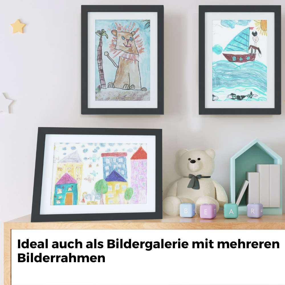 Bilderrahmen für Kinderzeichnungen A4, schwarz, ideal für bis zu 100 Kunstwerke, vielseitige Aufstellungsmöglichkeiten.