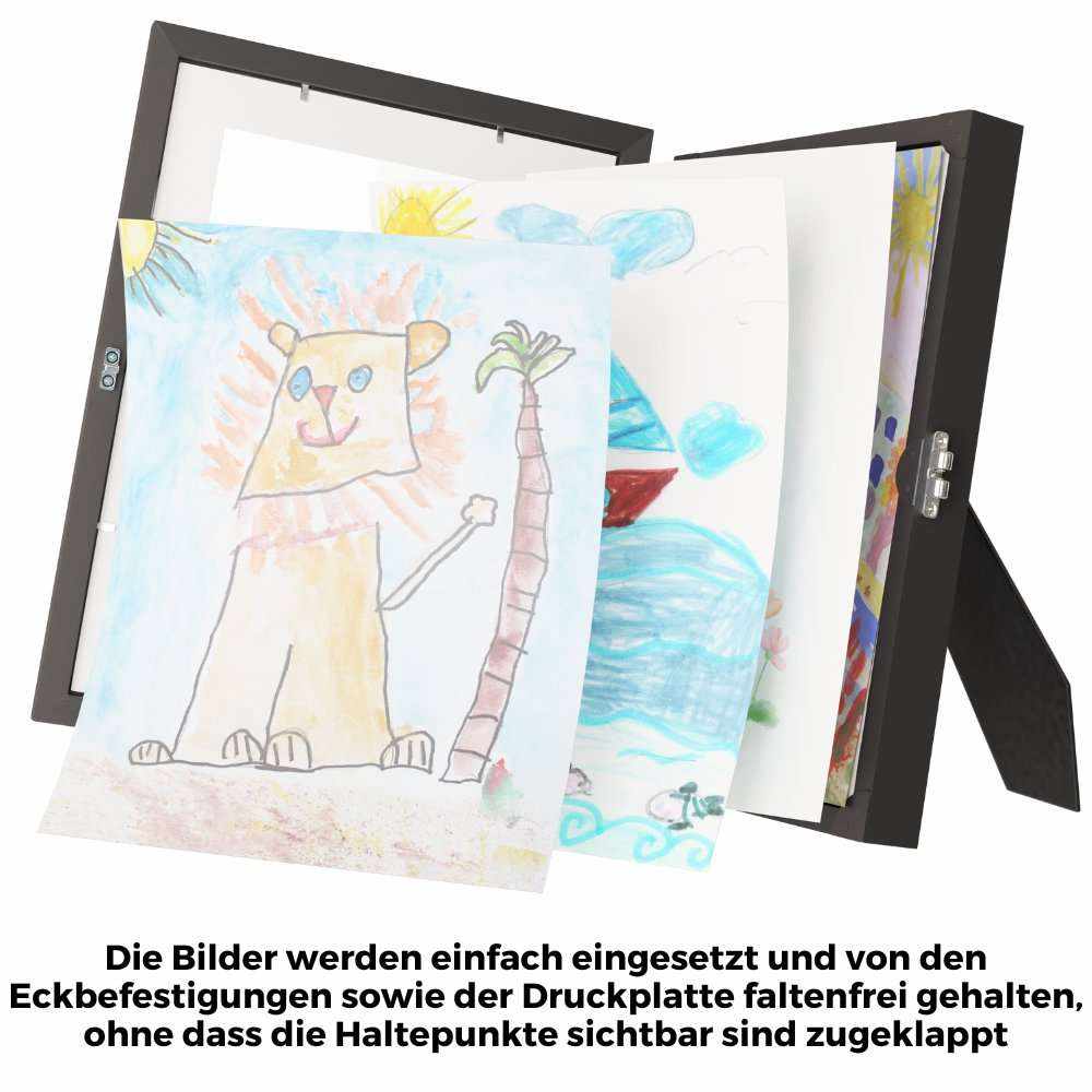Bilderrahmen für Kinderzeichnungen A4, zeigt aufklappbare Kapazität bis zu 100 Kunstwerke, schwarz.