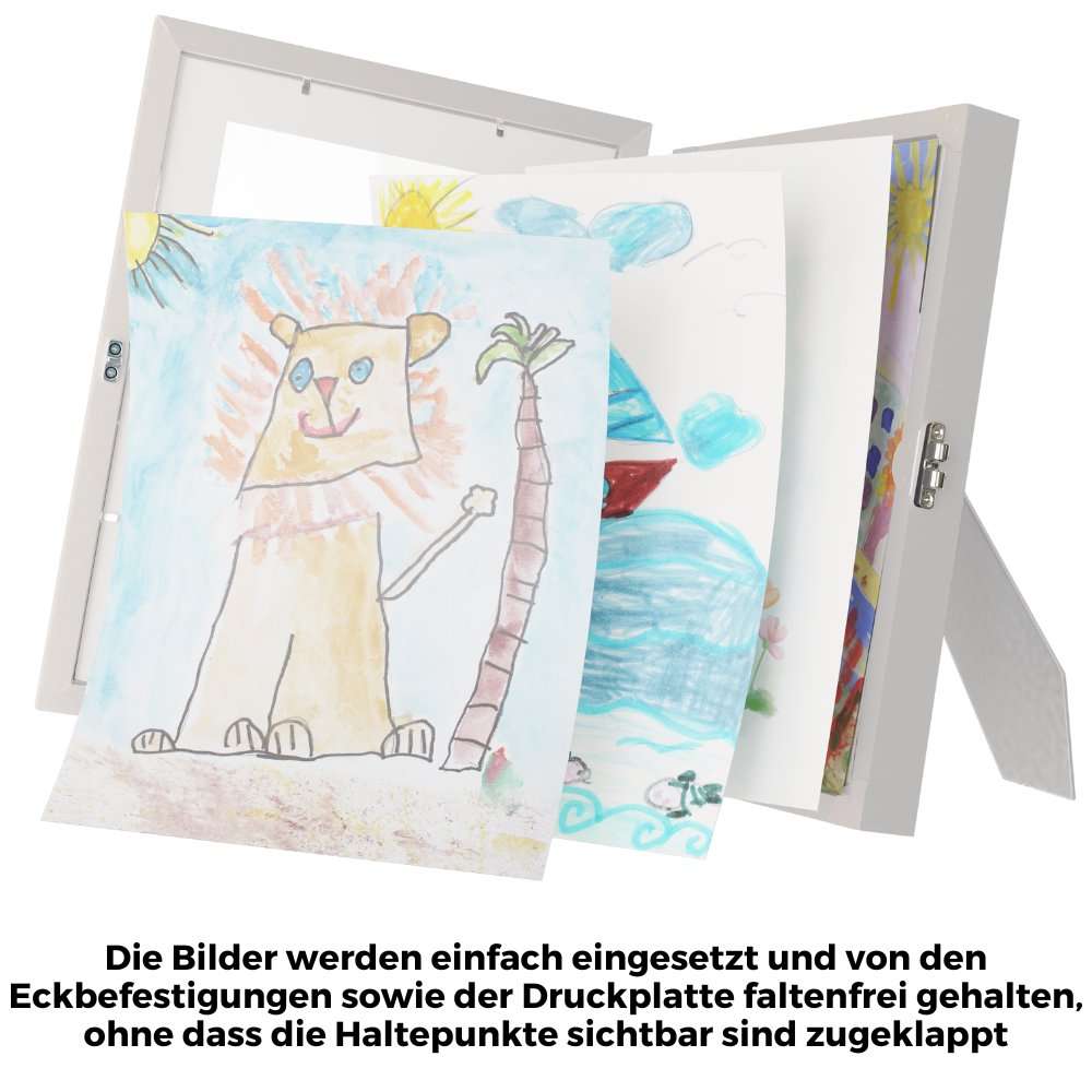 Bilderrahmen für Kinderzeichnungen A4, weiß, für bis zu 100 Kunstwerke, ideal für Wand- und Tischaufstellung.