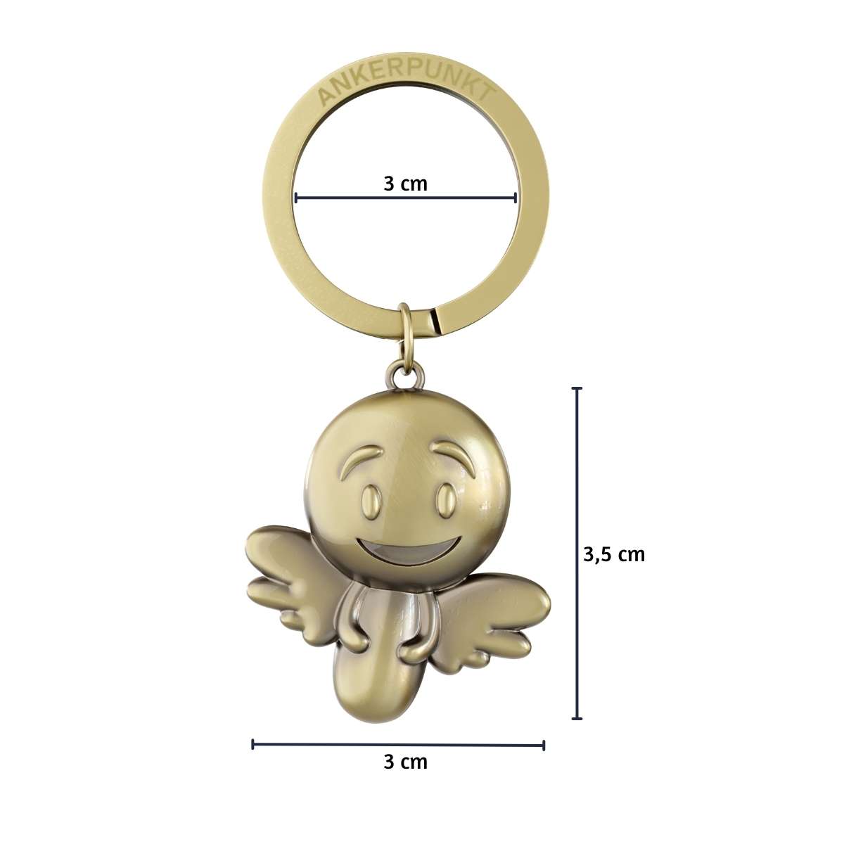 Maße des Schutzengel Schlüsselanhängers – goldfarbener Engel Glücksbringer 3,5 x 3 cm.
