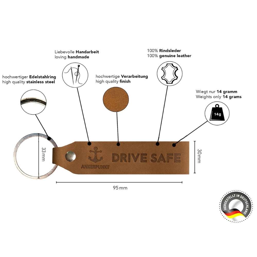Drive Safe Schlüsselanhänger Leder, hellbraun, 100% Rindsleder, handgefertigt in Deutschland.