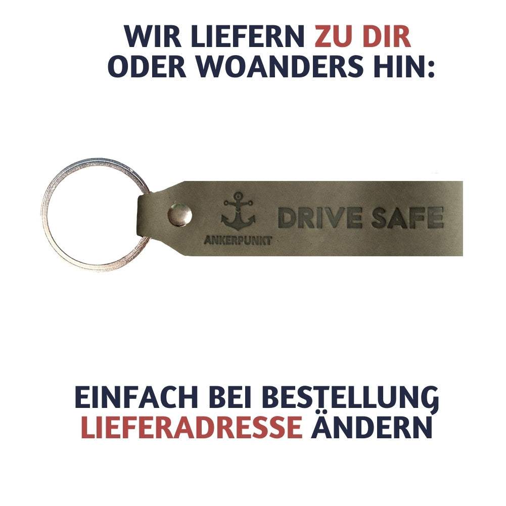 Grey leather "Drive Safe" keychain by ANKERPUNKT, ideal gift for drivers, made in Germany.