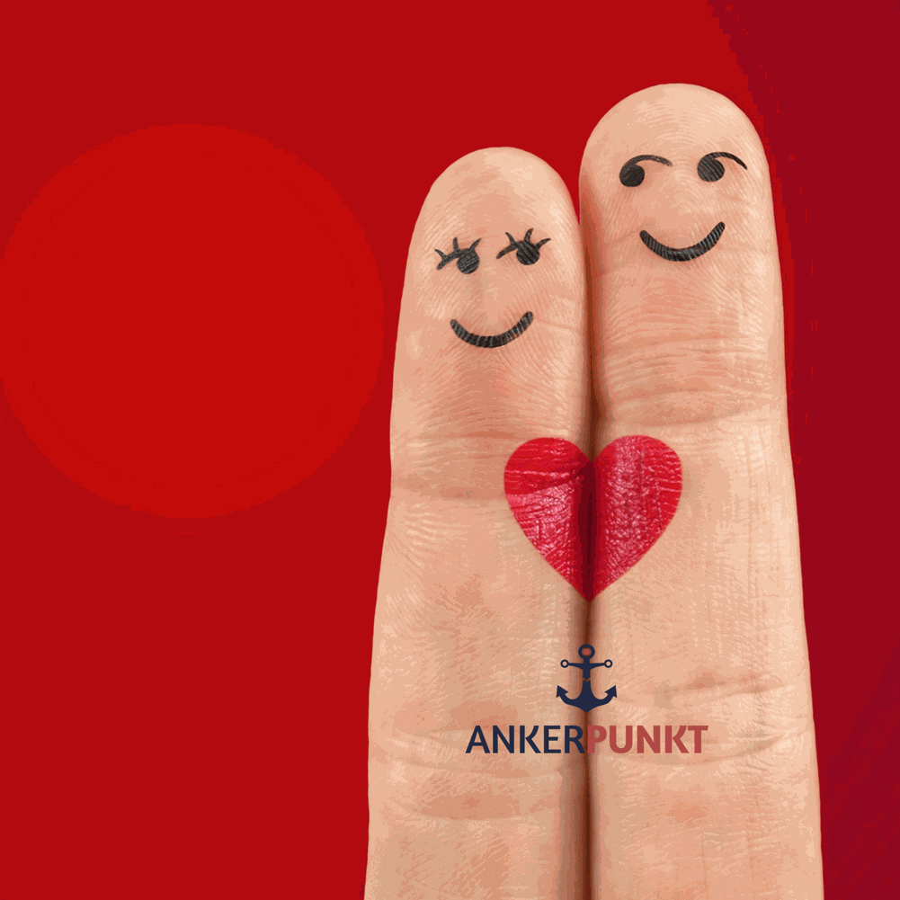 An illustration of two fingers with smiling faces and a red heart, representing love and connection; ANKERPUNKT branding below.