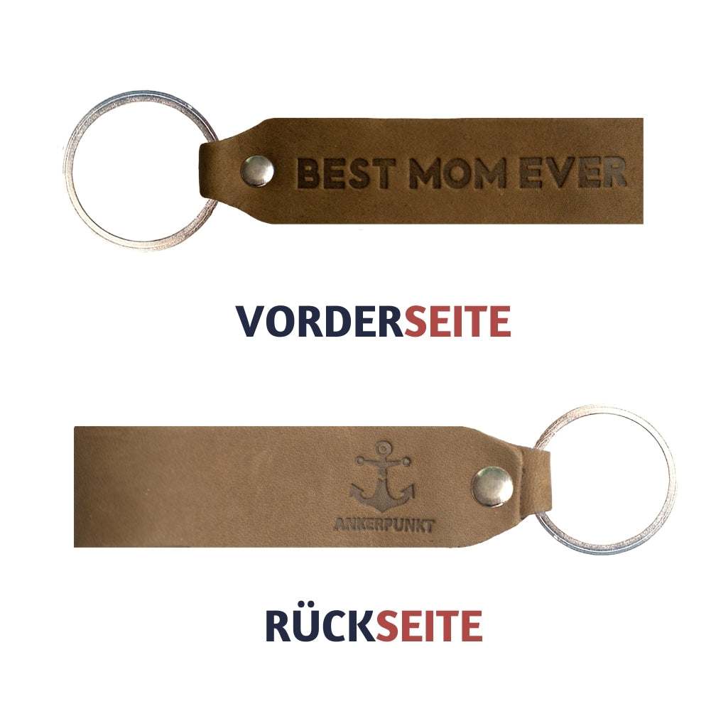 Dark brown leather keychain engraved with "Best Mom Ever" by ANKERPUNKT.