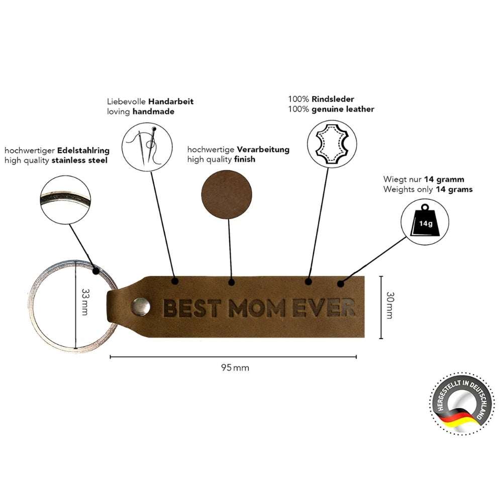ANKERPUNKT Schlüsselanhänger Leder mit Gravur "Best Mom Ever" in dunkelbraun, handgefertigt in Deutschland, aus 100% Rindsleder, Maße 95x30mm, langlebig und praktisch.