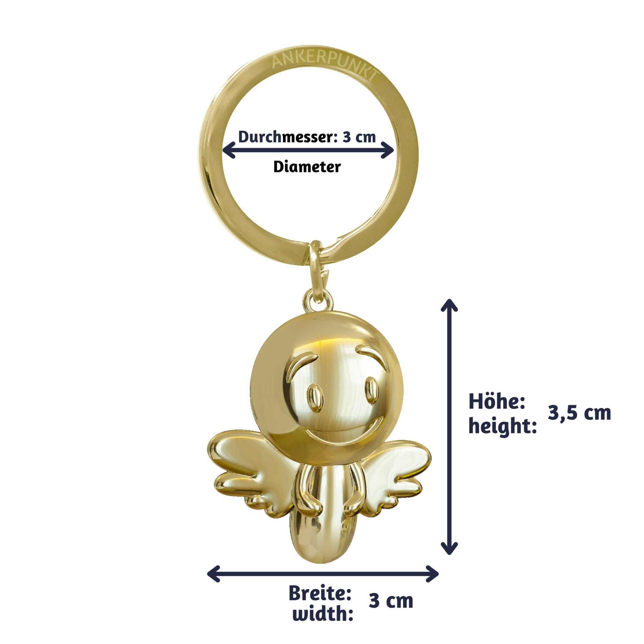 Gold shiny Schutzengel keychain with a smiling angel design, featuring dimensions included for reference. Perfect as a gift for various occasions.