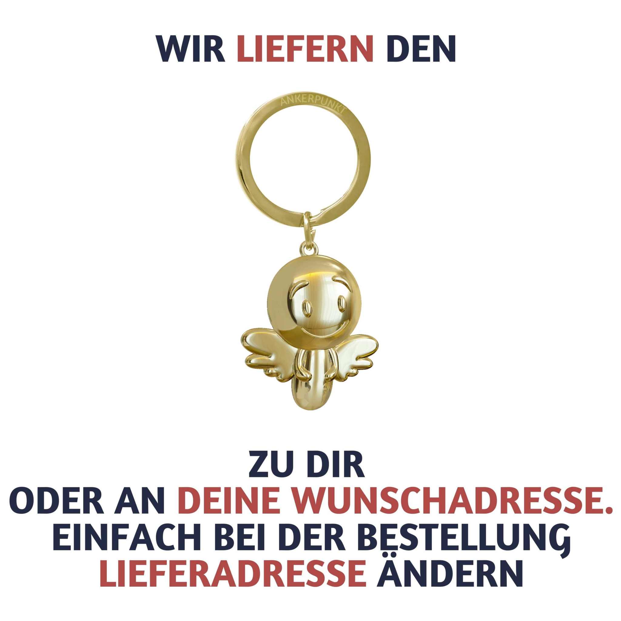 Gold glänzender Schutzengel Schlüsselanhänger mit lächelndem Gesicht.