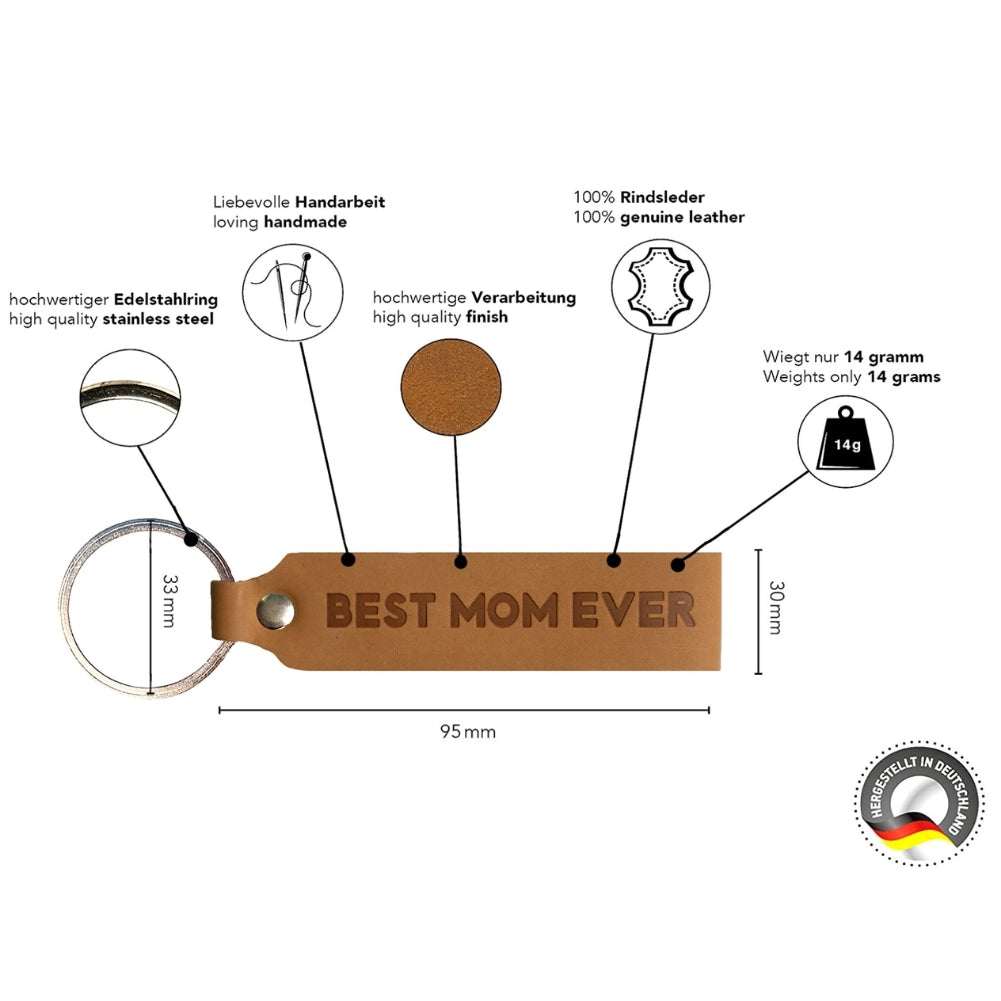ANKERPUNKT Schlüsselanhänger Leder Best Mom Ever in hellbraun with engraving, made from genuine leather, perfect gift for mom. Made in Germany.