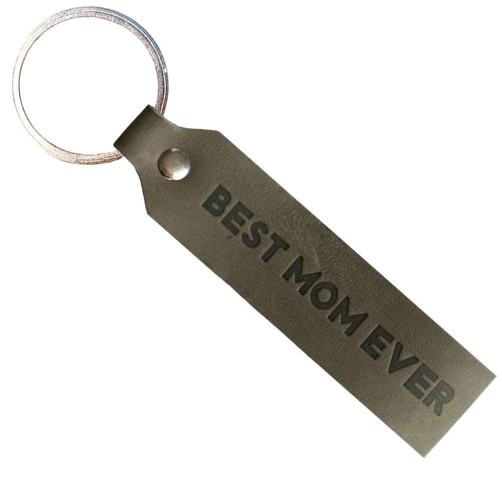 Gray leather keychain with "Best Mom Ever" engraving, durable German-made design by ANKERPUNKT, perfect gift for any occasion.