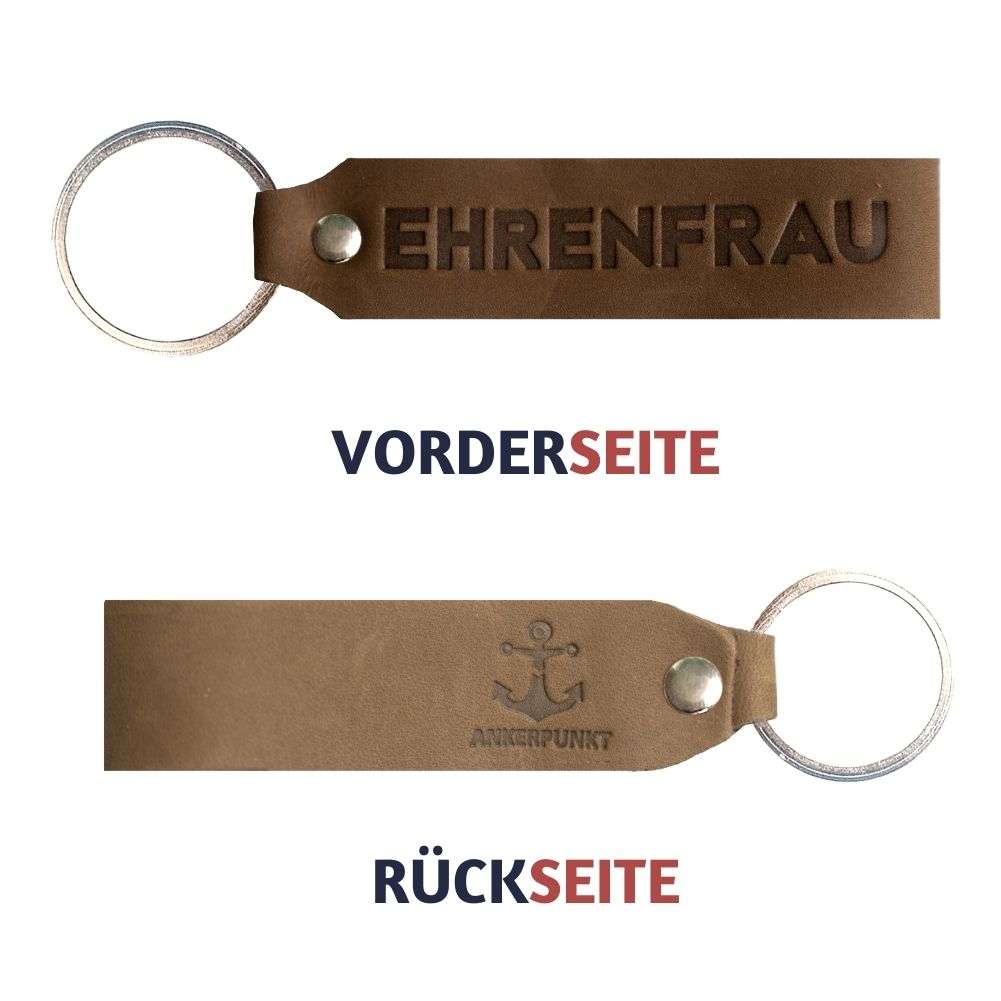 Schlüsselanhänger Leder mit Gravur "Ehrenfrau" in dunkelbraun von ANKERPUNKT, robust und klimafreundlich hergestellt in Deutschland.