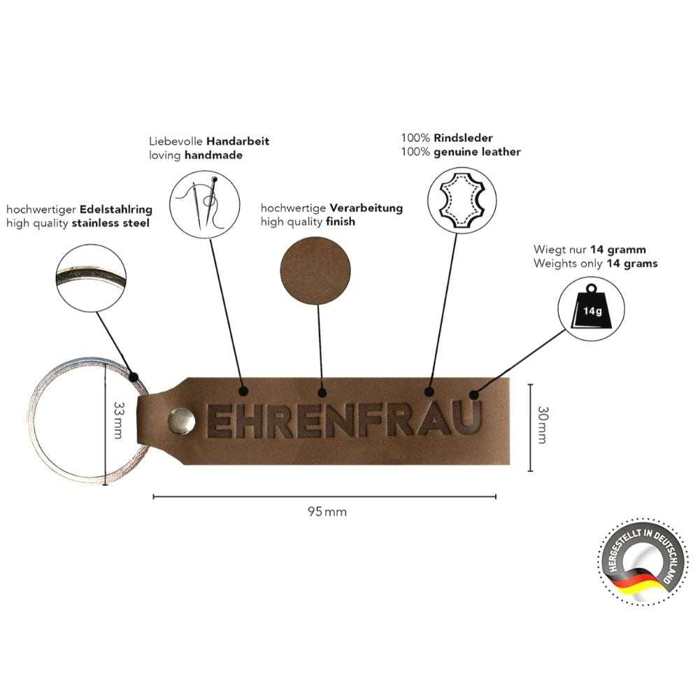 Schlüsselanhänger Leder Ehrenfrau dunkelbraun aus Vollrindleder mit Gravur, hergestellt in Deutschland.