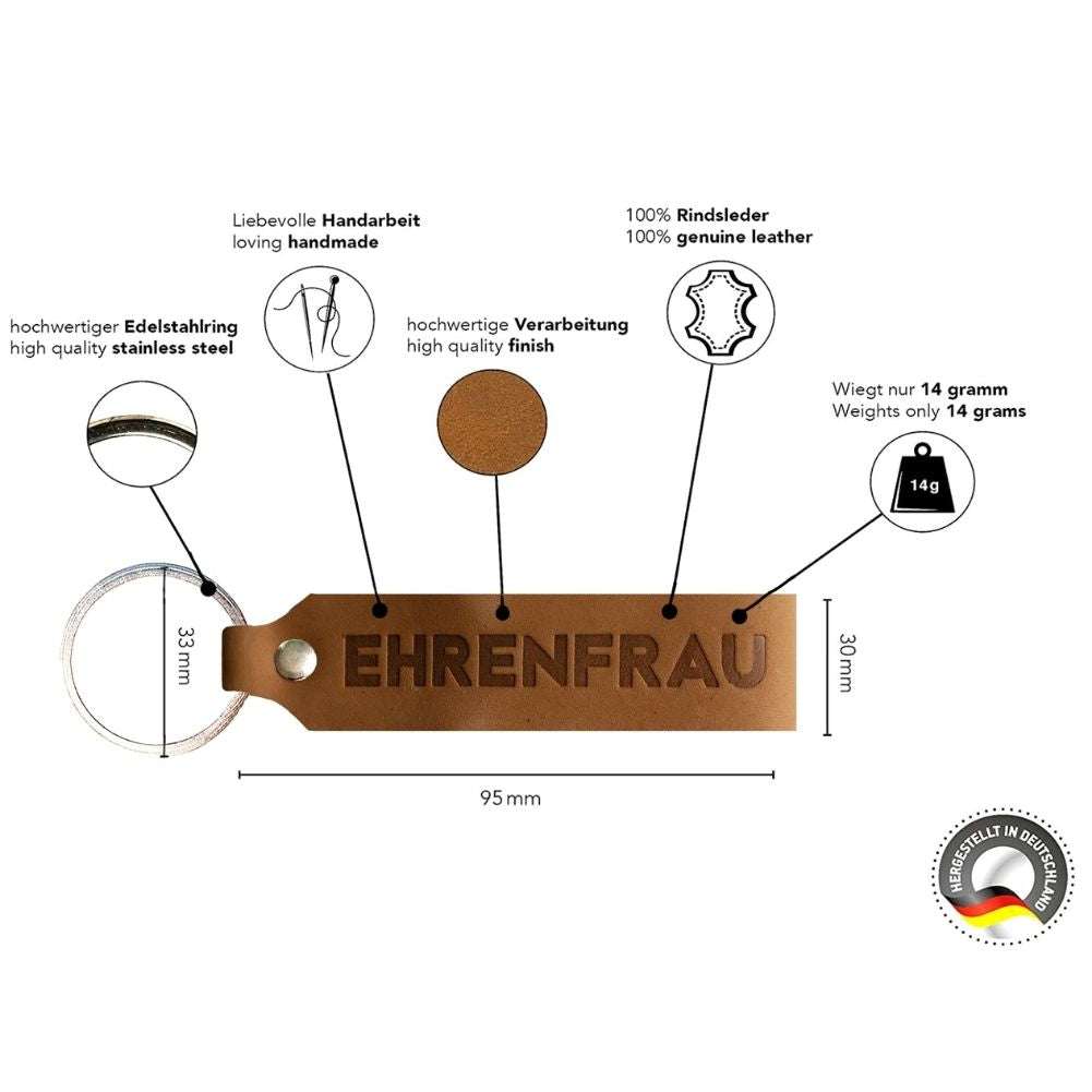 Schlüsselanhänger aus hellbraunem Leder mit Gravur "EHRENFRAU", handgefertigt in Deutschland, 100% Rindsleder.