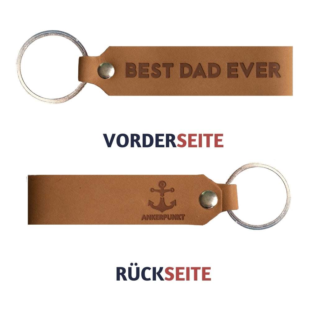 Leather keychain with engraving "Best Dad Ever" in light brown, featuring ANKERPUNKT logo, made in Germany.