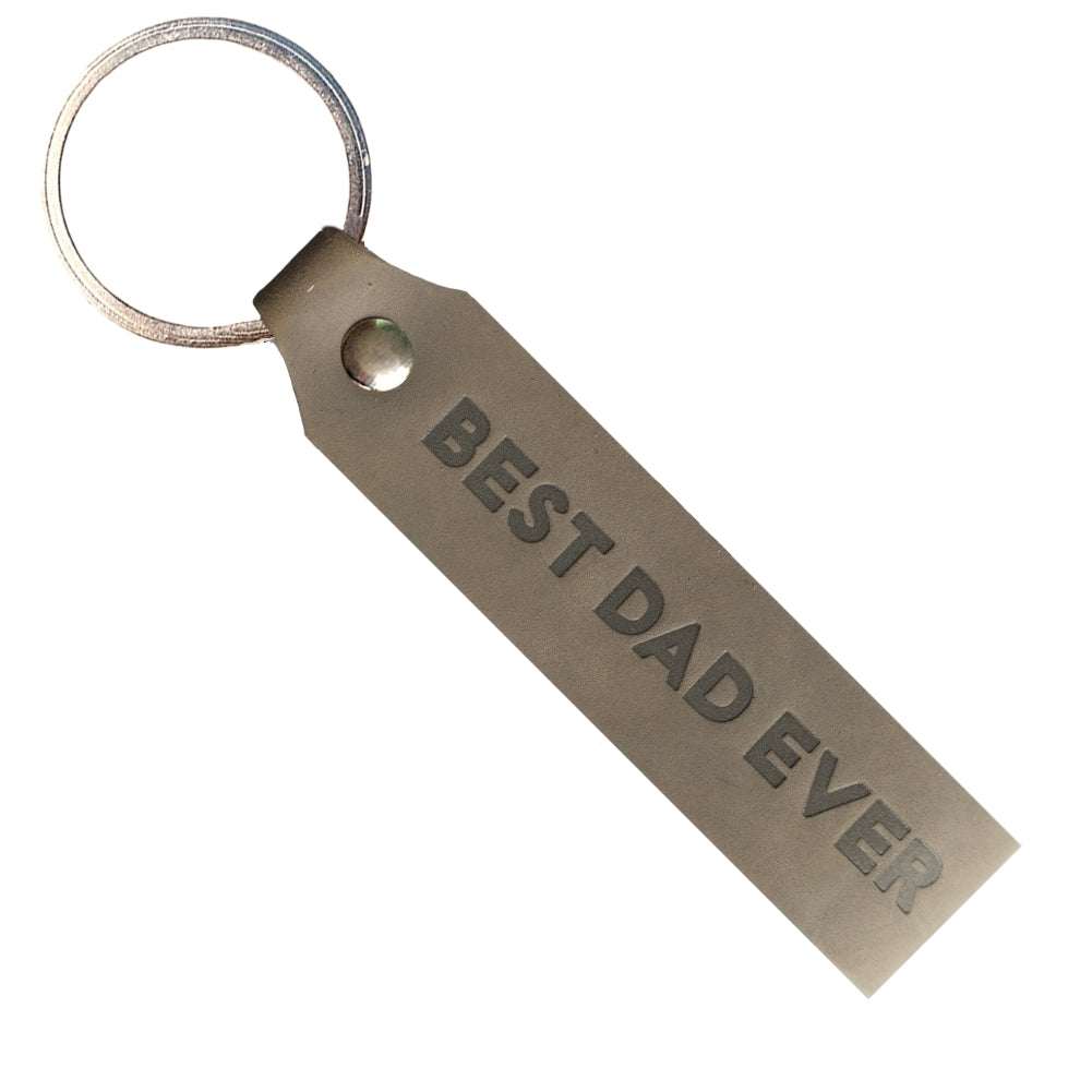 Leather keychain with engraving "Best Dad Ever" in grey.