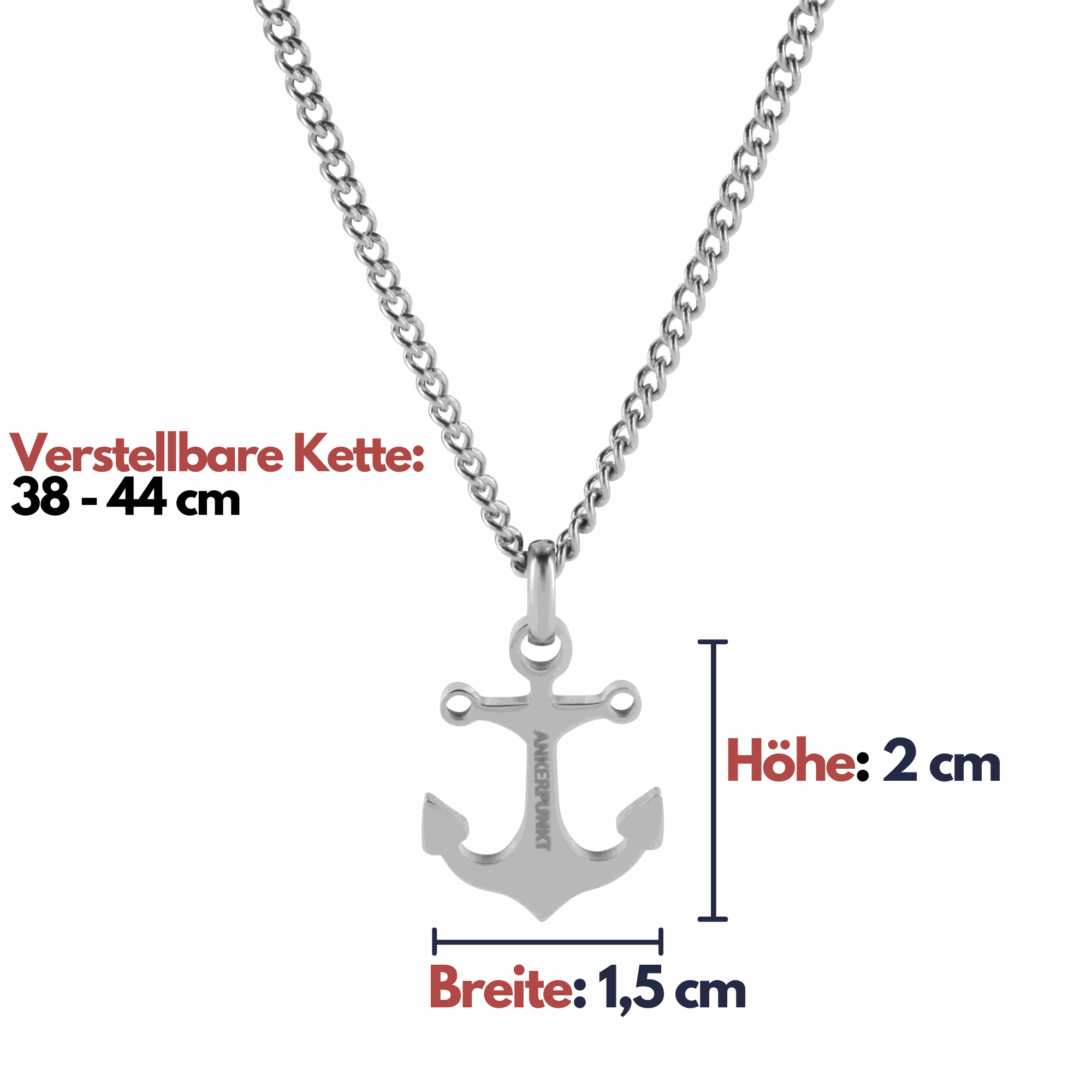 Silberne Halskette mit Anker-Anhänger im maritimen Design, verstellbar von 38-44 cm.
