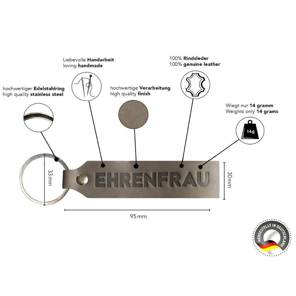 ANKERPUNKT Schlüsselanhänger aus grauem Leder mit Gravur "EHRENFRAU", handgefertigt in Deutschland, langlebig und umweltfreundlich.