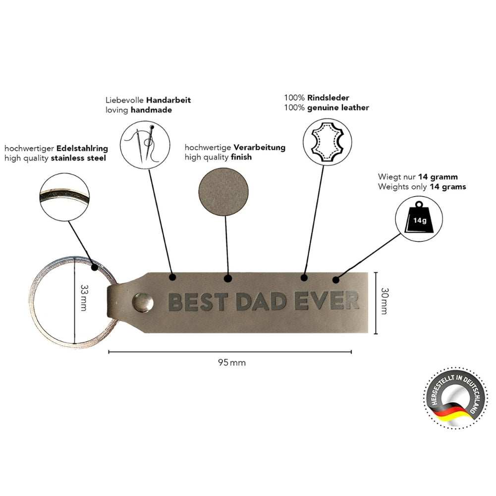 Gray leather keychain with "Best Dad Ever" engraving, made in Germany from genuine leather, ideal gift for fathers.