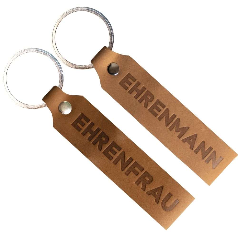 Leather Keychain Set "Ehrenmann & Ehrenfrau" in light brown, perfect gift, made in Germany.