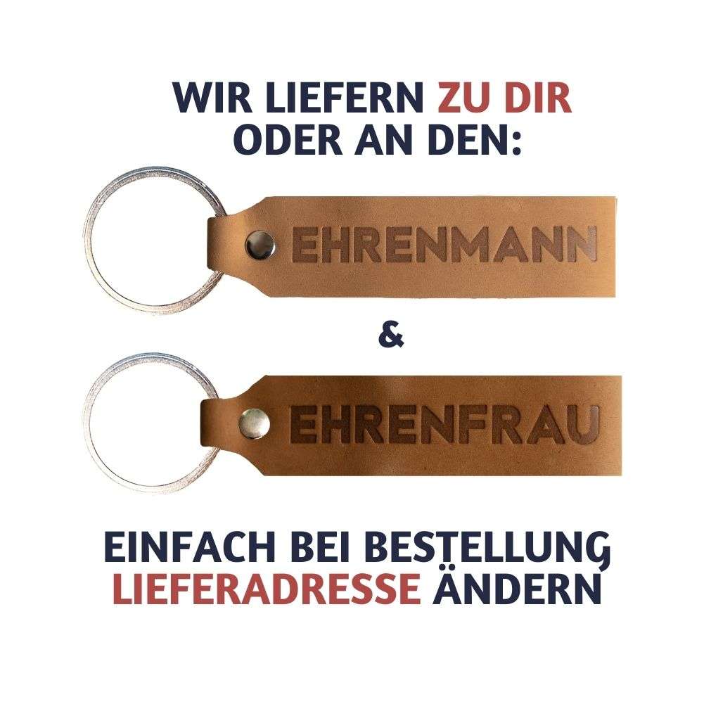 Schlüsselanhänger Set Leder Ehrenmann & Ehrenfrau hellbraun aus Vollrindleder, Made in Germany.