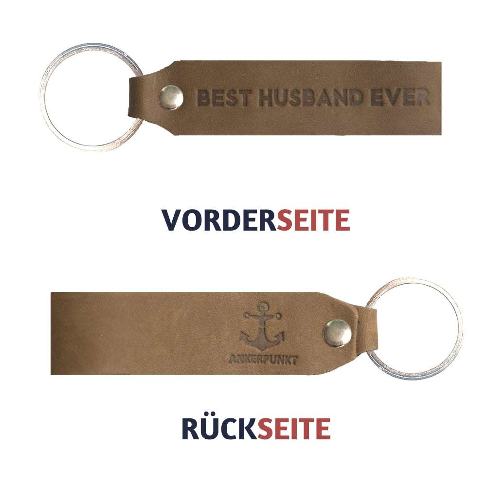 Leather keychain with "Best Husband Ever" engraving by ANKERPUNKT, made in Germany.