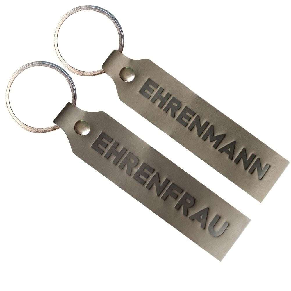 Ehrenmann & Ehrenfrau gray leather keychain set, ideal gift for couples, made in Germany.