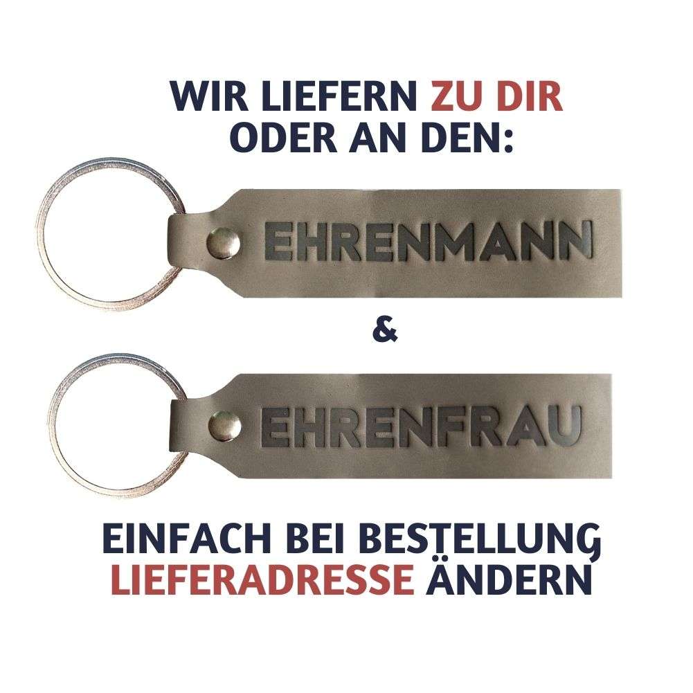 Ehrenmann & Ehrenfrau leather keychain set in gray, perfect gift for couples, made in Germany.