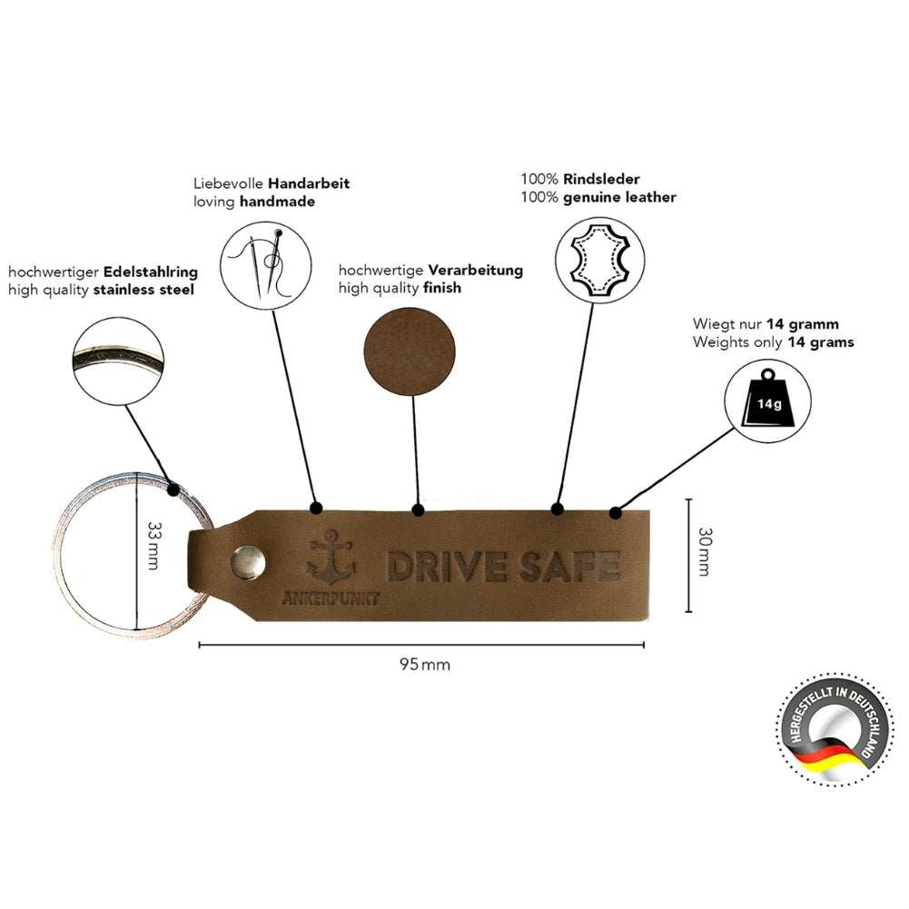 Drive Safe Schlüsselanhänger in dunkelbraunem Leder, handgefertigt in Deutschland; langlebig und klimafreundlich mit hochwertigem Edelstahlring.