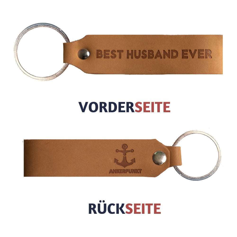 Leather ANKERPUNKT keychain with "Best Husband Ever" engraving, light brown, made in Germany.