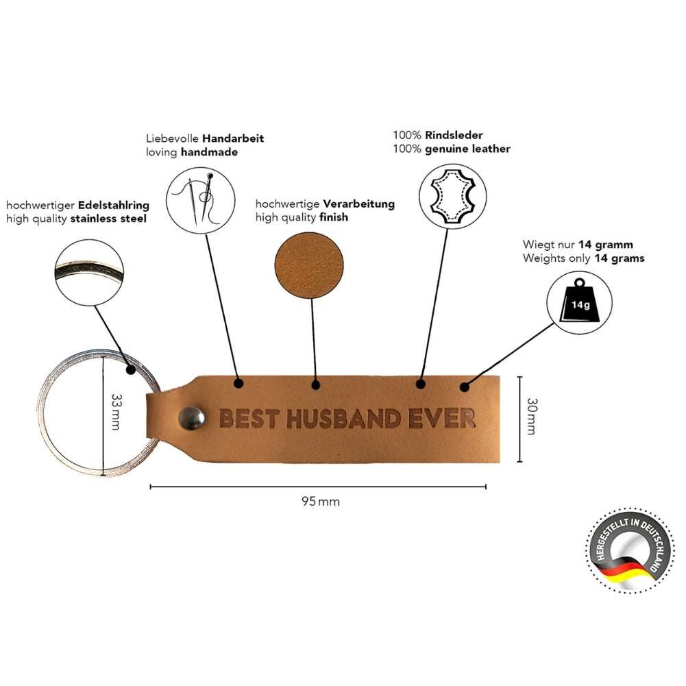 Leather keychain with engraving "Best Husband Ever" by ANKERPUNKT, light brown, made from genuine leather, high-quality handmade in Germany.