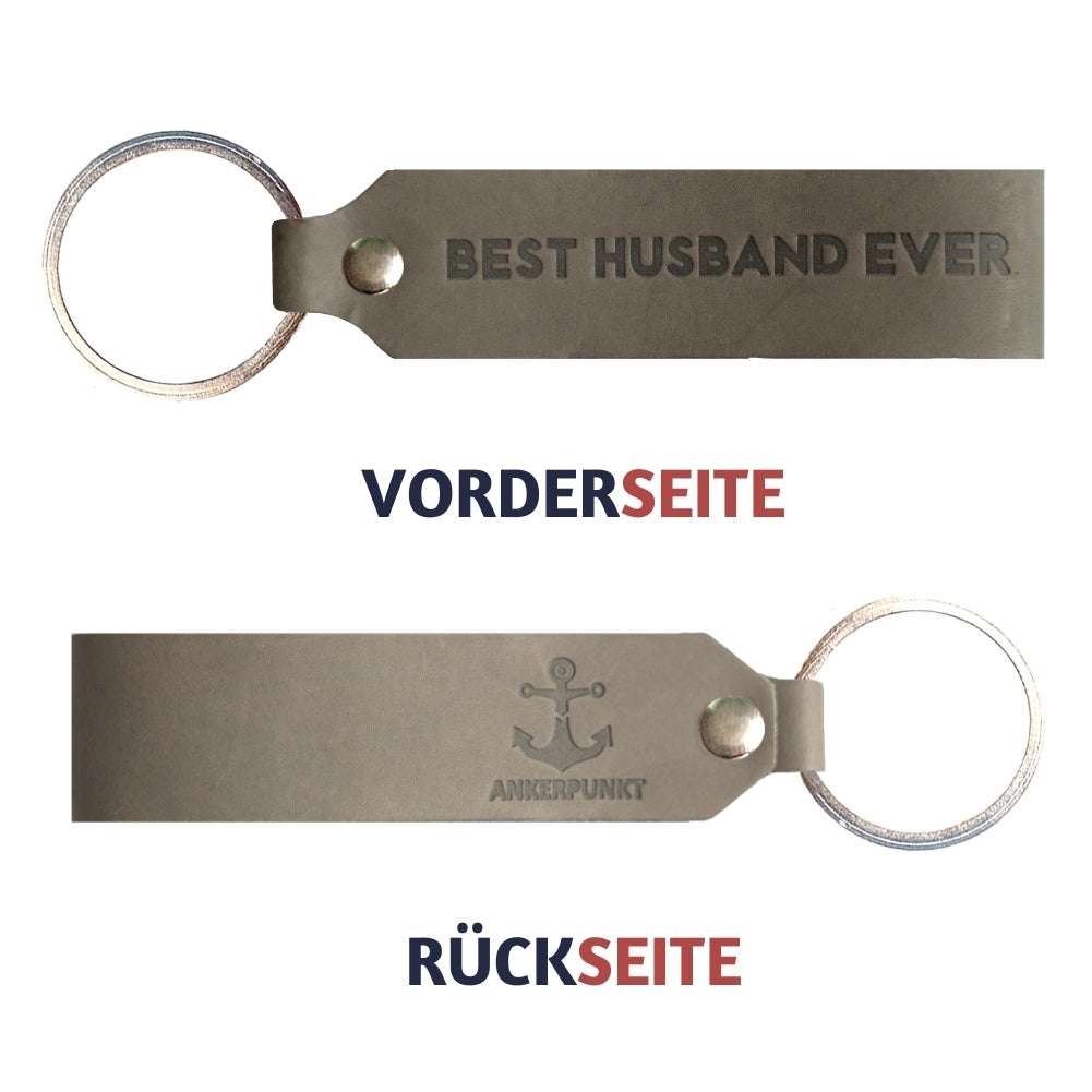 Leather keychain with "Best Husband Ever" engraving, ANKERPUNKT, gray, made in Germany.