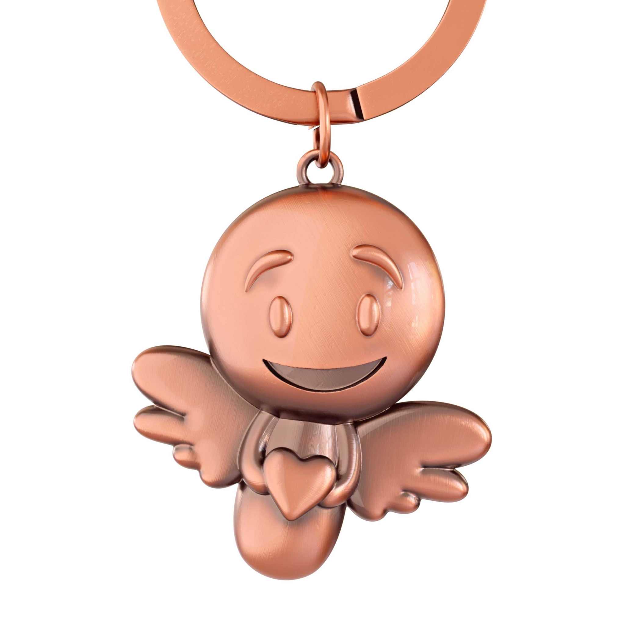 Vintage bronze guardian angel keychain with smiling face and heart.