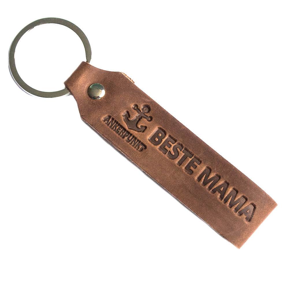 Geschenk für Mama Schlüsselanhänger Dark brown leather "Beste Mama" keychain; high-quality, German-made gift.