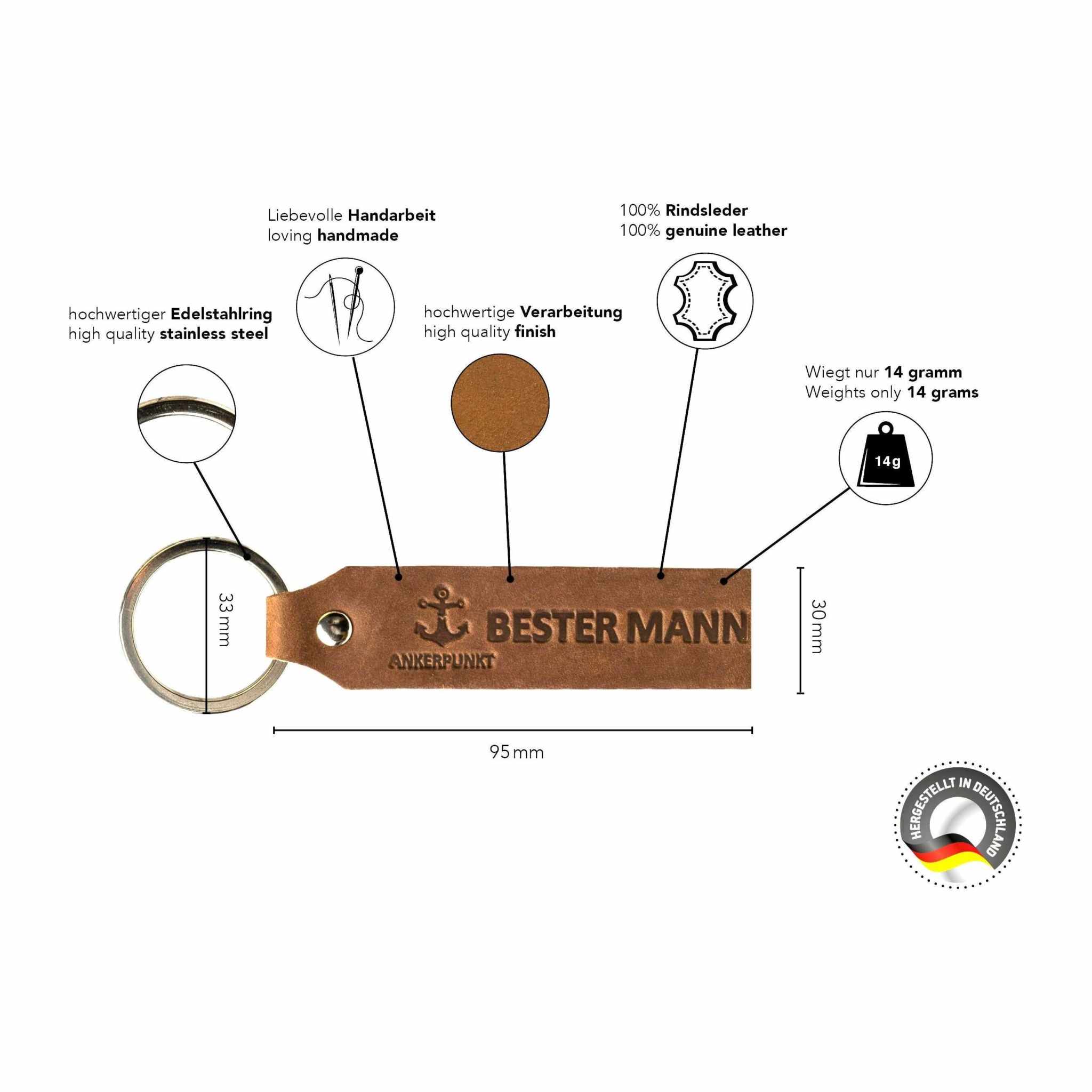 Dark brown leather keychain with "Bester Mann" engraving, handmade in Germany.