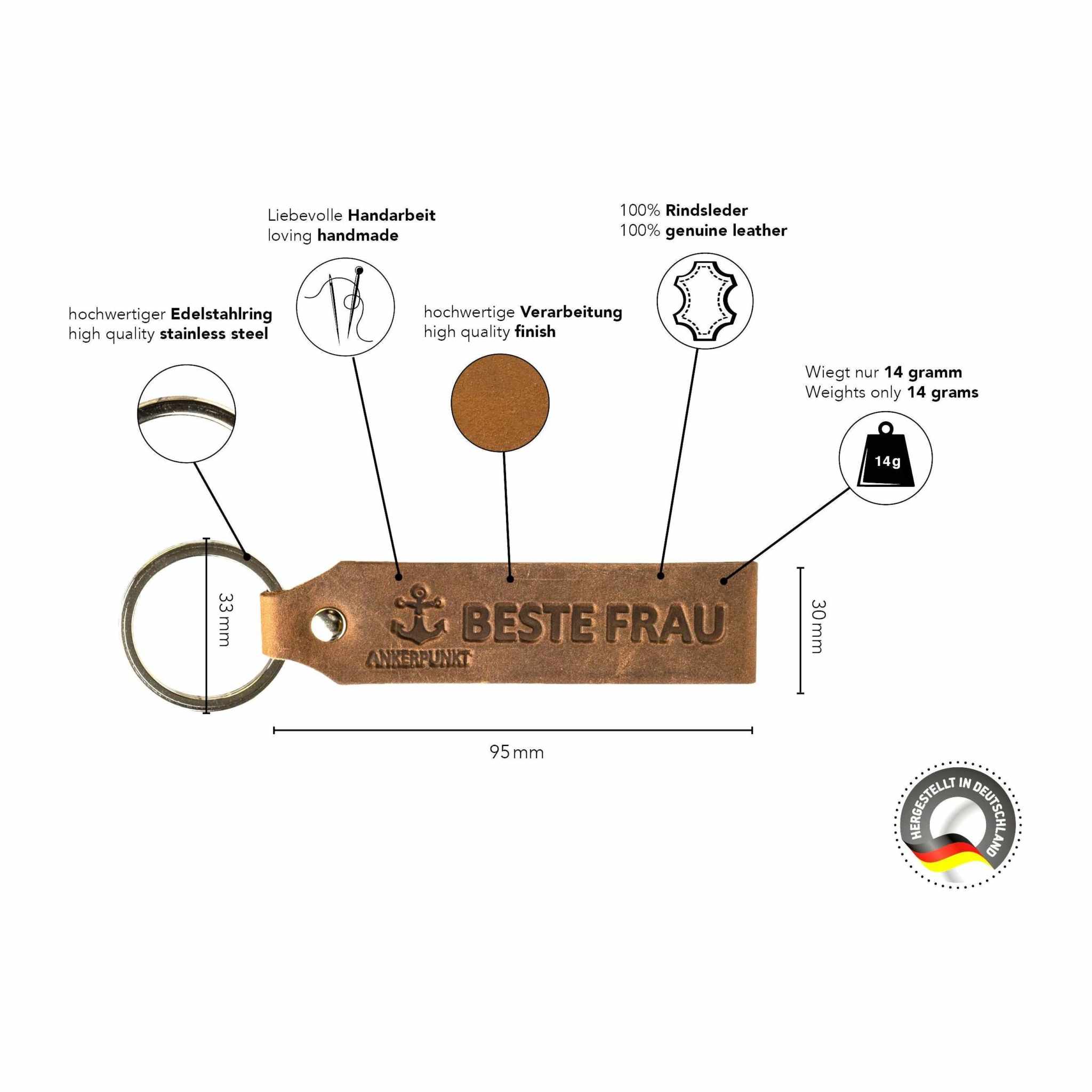 Dark brown leather keychain "Beste Frau," handmade in Germany with premium craftsmanship and stainless steel ring.