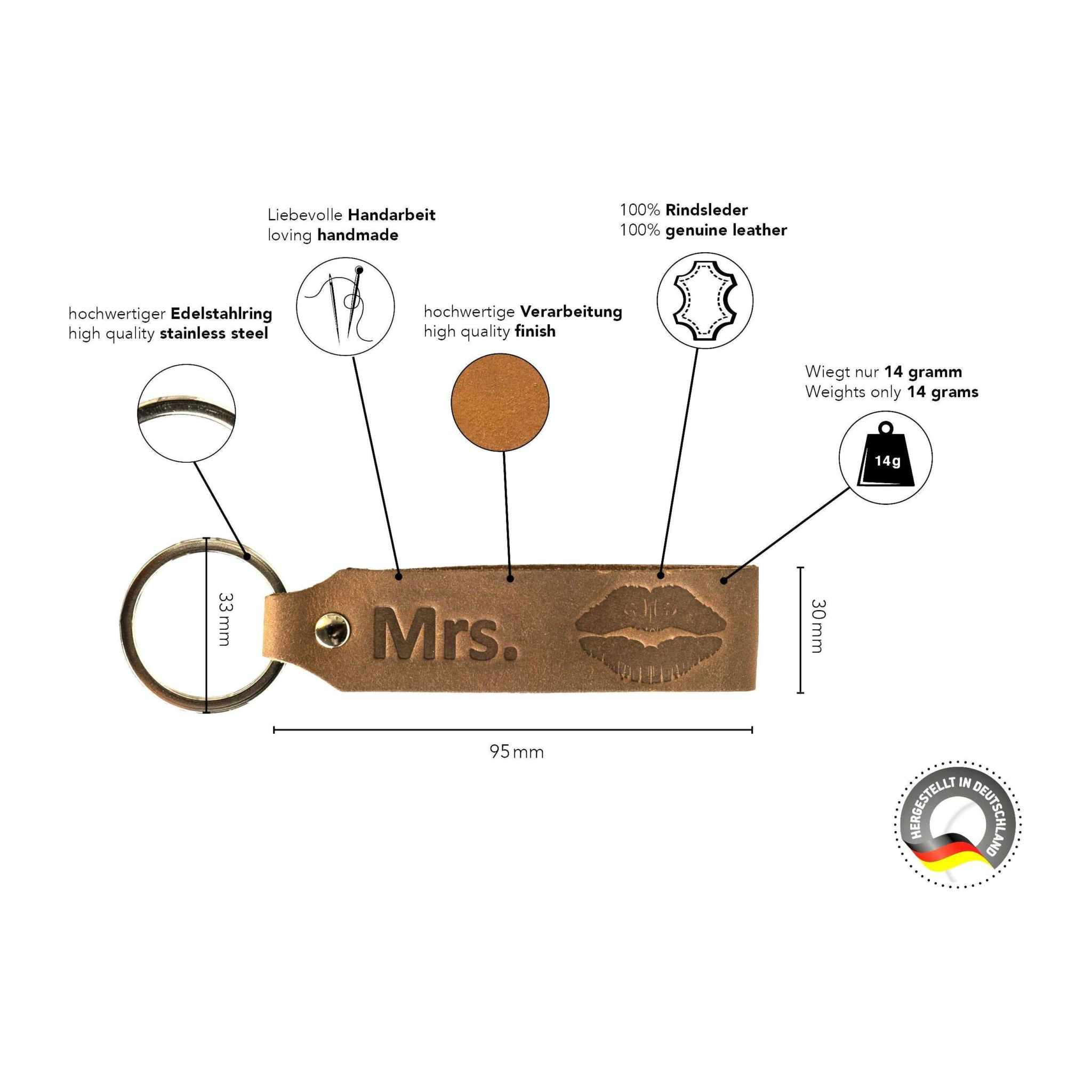 Leather keychain with engraving "Mrs.", dark brown, stainless steel ring, genuine leather, handmade in Germany.