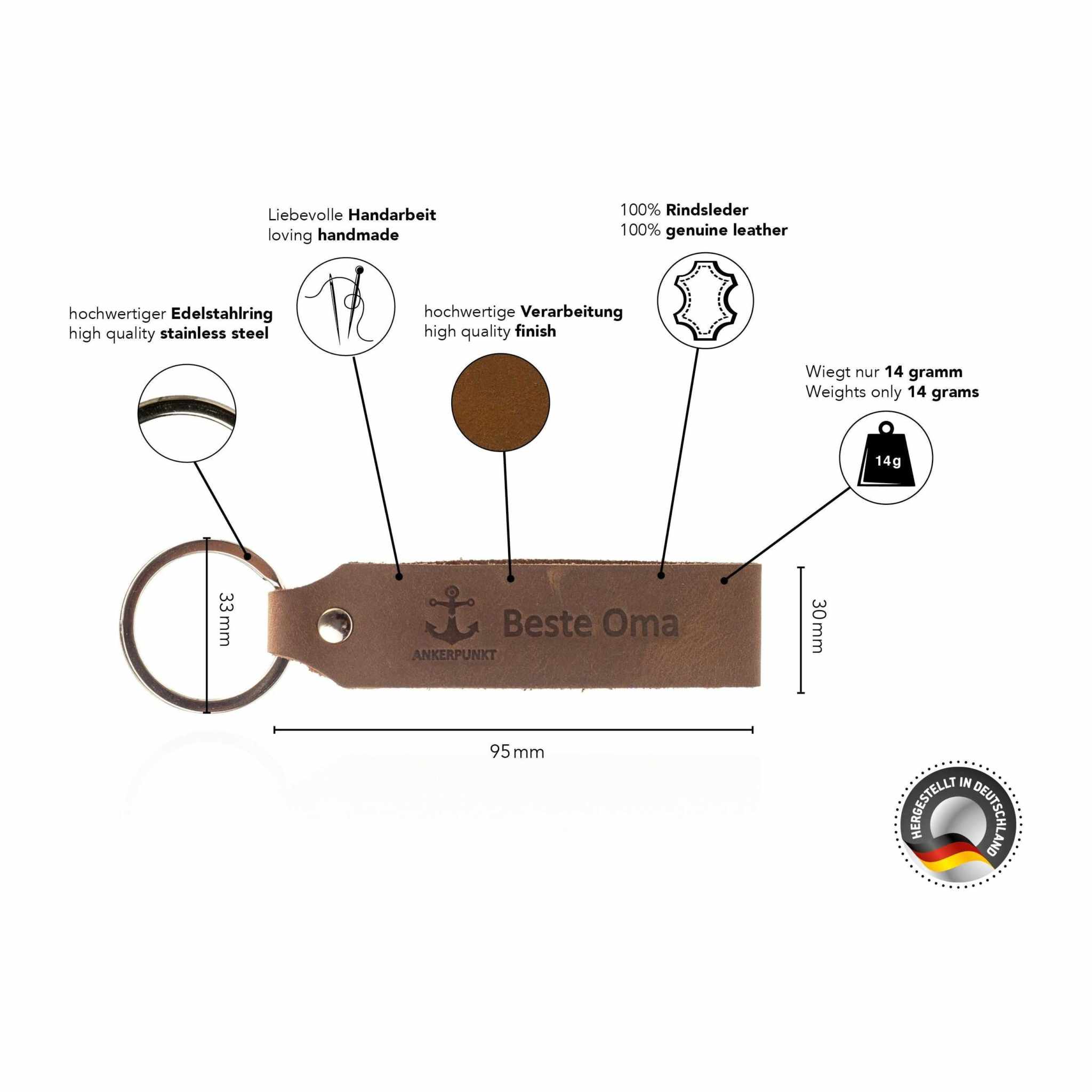 Leather keychain "Beste Oma" in dark brown with stainless steel ring, handmade in Germany.