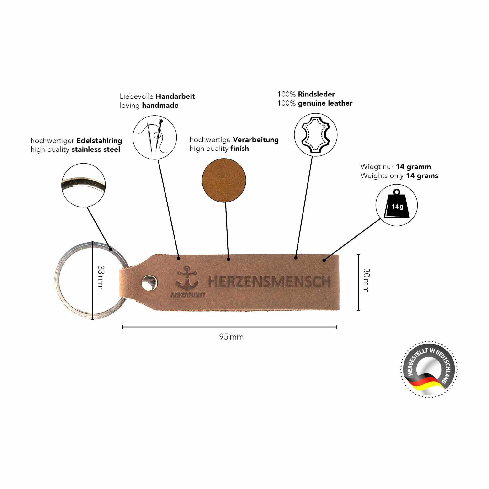 Herzensmensch Schlüsselanhänger aus dunkelbraunem Leder, handgefertigt in Deutschland, langlebig und klimafreundlich, ideal als Geschenk.