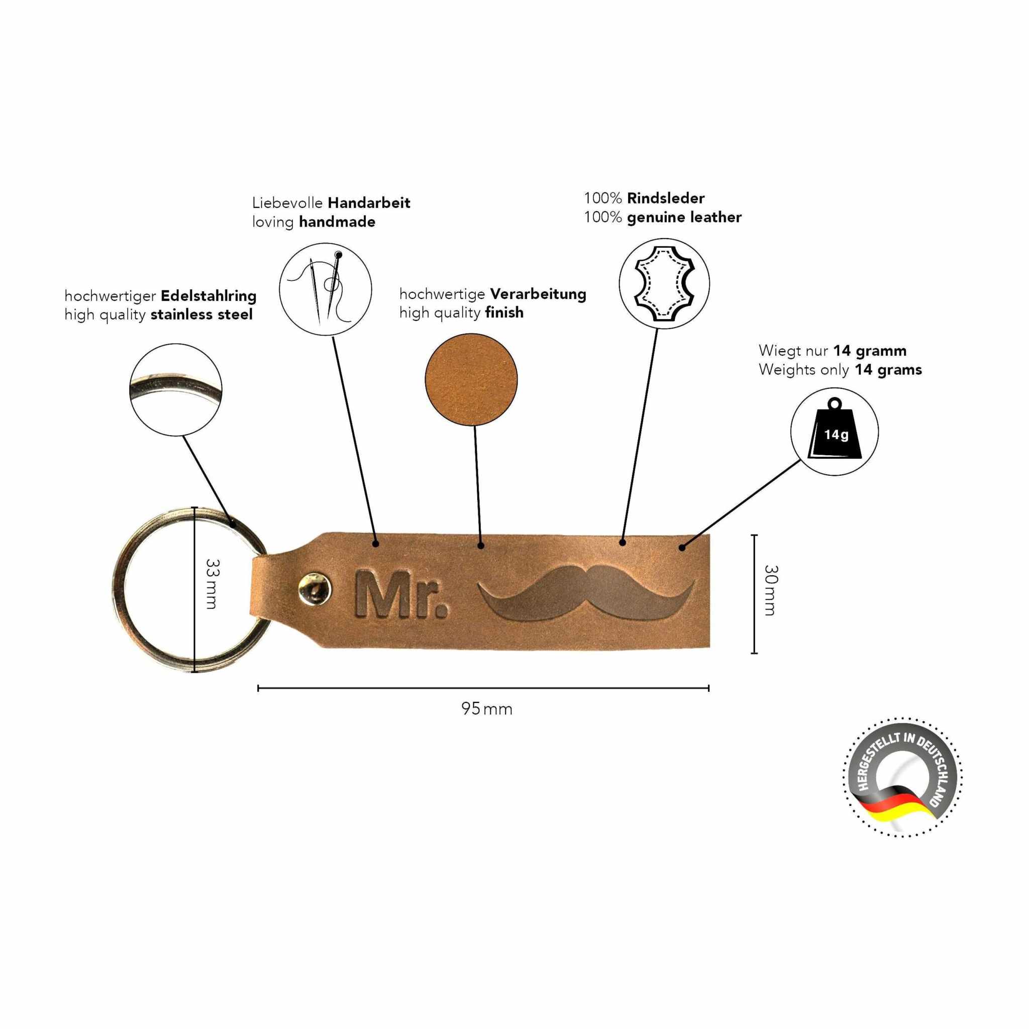 Dark brown leather keychain set with "Mr. Mrs." engraving, handmade in Germany from genuine cowhide, featuring high-quality stainless steel and a 33mm flat keyring.