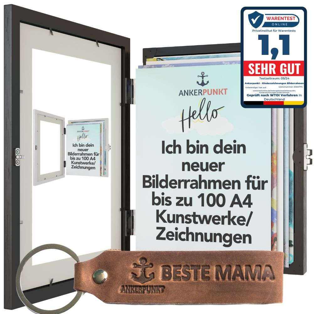 Beste Mama Bilderrahmen A4 für Kinderzeichnungen, Platz für bis zu 100 Kunstwerke, schwarz.